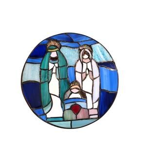 Stained Glass Nativity Scene Handcrafted Round Hanging Creches 11.25" Blue